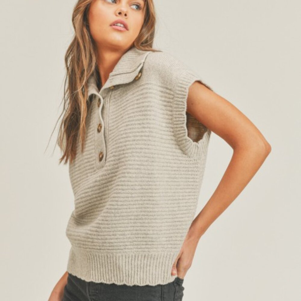 Textured Collared Knit Button Top – Beige Short Sleeve Sweater Vest